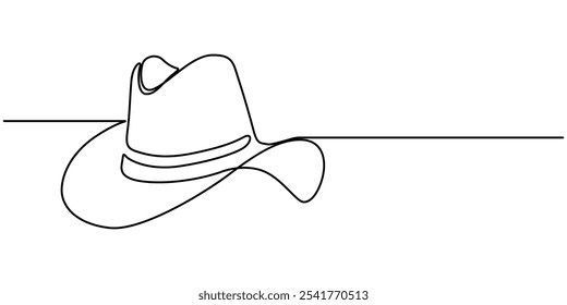 Cowboy hat continuous one line drawing vector illustration. Premium vector, Boater Hat Continuous Line Icon, Continuous one line drawing lady hat cap icon vector illustrations, An abstract felt hat.