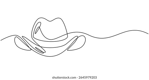 cowboy hat continuous one line drawing, Boater Hat Continuous Line Icon, Woven straw hat continuous one line drawing, Sun Hat Single Line Icon isolated on white background