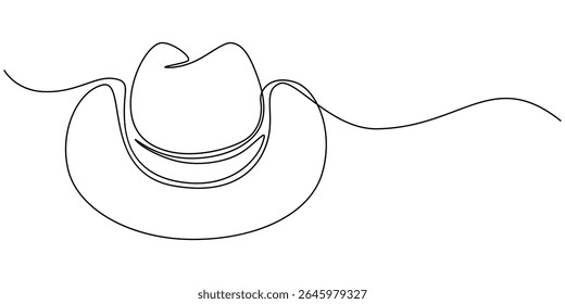 cowboy hat continuous one line drawing, Boater Hat Continuous Line Icon, Woven straw hat continuous one line drawing, Sun Hat Single Line Icon isolated on white background