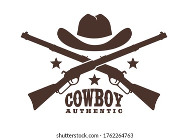Cowboy hat with crossed rifles - Western retro logo stencil. Wild west sheriff ranger tattoo. Vector illustration.
