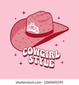 Cowboyhut mit Krone. Pink Western Cowgirl Hut und Text Cowgirl Stil. Illustration. Vektorgrafik