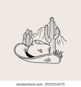 Cowboy hat with desert cacti. Hand drawn illustration card in sketch style.