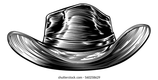 Cowboy hat drawing in a vintage retro woodcut etching engraving style