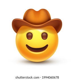 Cowboy hat emoji. Happy smiled emoticon with brown leather brimmed hat 3D stylized vector icon