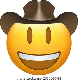 Cowboy hat emoji. Happy smiled emoticon with brown leather brimmed hat