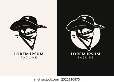 Cowboy hat and face covered bandit logo concept illustration in high contrast black and white. Vector logo template for cinema, rodeo, cowboy and more