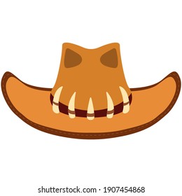 Cowboy hat with fangs flat vector. Brown carnival acubra cap american, costume accessory isolated on white background