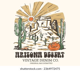 Cowboy hat. Feel the sunset. Mountain artwork. Cactus wild adventure. Arizona desert vibes graphic print artwork for apparel, t shirt, sticker, poster, wallpaper and others. Vintage calligraphy.