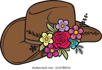 Cowboy Hat with Flowers Color Vector Illustration