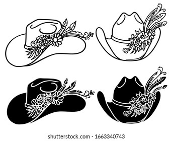 Cowboy hat with flowers. Set of vector Western hats floral isolated on white. Cut file