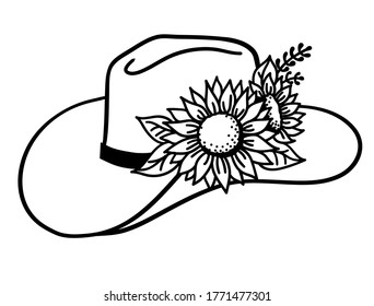 Cowboy hat with flowers. Vector Western hat with sunflowers isolated on white. Cut file Hand drawn illustration