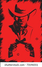 Cowboy in hat with guns.Vector graphic poster on red