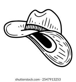 Sombrero de vaquero dibujado a mano doodle. Tocado salvaje oeste. Accesorio de ropa de fieltro. Occidental, rodeo. Rancho, granja. Gorra de cuero con borde doblado. Ilustración de arte de línea de Vector.