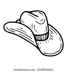 Cowboy hat hand drawn doodle. Wild west headdress. Felt clothing accessory. Western, rodeo. Ranch, farm. Leather cap with folded brim. Vector line art illustration.