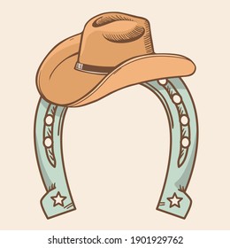 Cowboy hat and horseshoe symbol Rodeo. Vector color illustration cowboy stuff for deign isolated