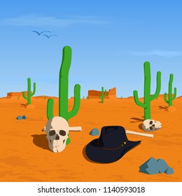 Cowboy hat and human skulls in the desert surrounded by cactuses and rocks flat vector illustration. Wild west concept.