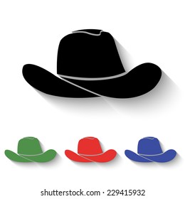 cowboy hat icon - black and colored (green, red, blue) illustration with shadow