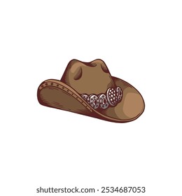 Cowboy hat icon. Cartoon brown sombrero hat decorated with metal circles. Wild west style. American gothic fashion headdress hand drawn design element. Vintage Western grunge accessory