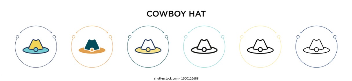 Icono de sombrero de vaquero con estilo relleno, delgado, contorno y trazo. Ilustración vectorial de dos diseños de iconos vectores de sombrero de vaquero de color y negro se pueden usar para móviles, ui, web