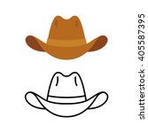 Cowboy hat icon. Two variants, flat color and line icon. Simple cartoon hat illustration.