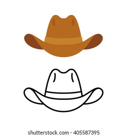 Cowboy hat icon. Two variants, flat color and line icon. Simple cartoon hat illustration.