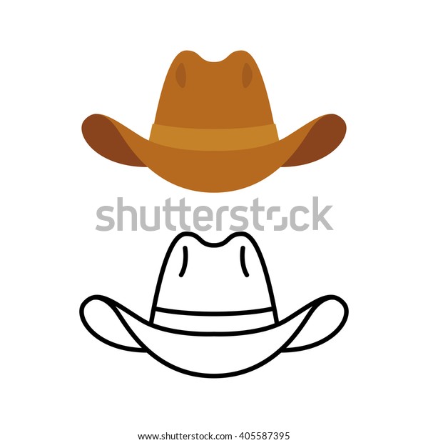 Cowboy hat icon. Two variants, flat\
color and line icon. Simple cartoon hat\
illustration.