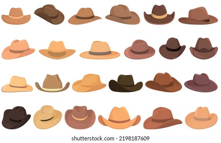 Cowboy hat icons set cartoon vector. Fashion leather. Old costume