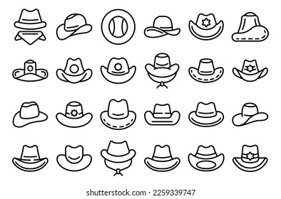 Cowboy hat icons set outline vector. Fashion leather. Old costume