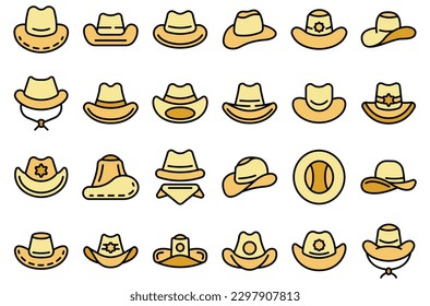 Cowboy hat icons set outline vector. Fashion leather. Old costume thin line color on white