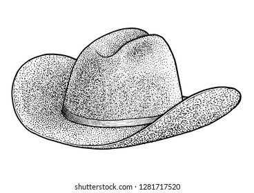 Cowboy hat illustration, drawing, engraving, ink, line art, vector
