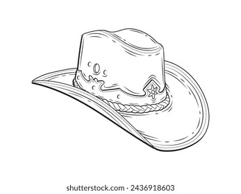 Cowboy hat illustration. hand drawn Cowboy hat. Sketch of Cowboy hat isolated on white background. Outline of Cowboy hat isolated on white background. Vector illustration.