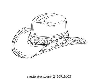 Cowboy hat illustration. hand drawn Cowboy hat. Sketch of Cowboy hat isolated on white background. Outline of Cowboy hat isolated on white background. Vector illustration.