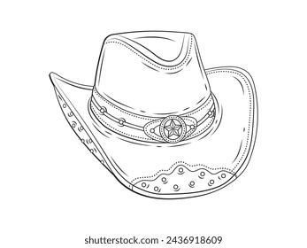 Cowboy hat illustration. hand drawn Cowboy hat. Sketch of Cowboy hat isolated on white background. Outline of Cowboy hat isolated on white background. Vector illustration.