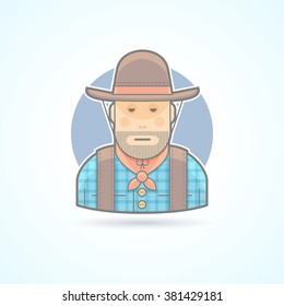 Cowboy in a hat and jacket, an American animal helder icon. Avatar and person illustration. Flat colored outlined style.