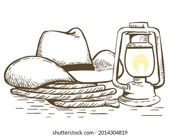Cowboy hat and lasso on farm. Vector vintage graphic hand drawn illustration of Cowboy Ranch Concept isolated on white.