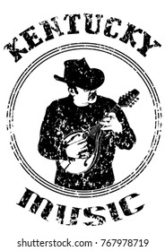 Vaquero en sombrero con mandolina sobre fondo blanco. Logo del festival de música