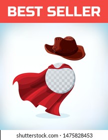 cowboy hat. Masquerade costume headdress. Carnival or Halloween mask. Cartoon Vector illustration. Red cape