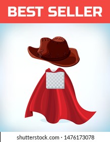 cowboy hat. Masquerade costume headdress. Carnival or Halloween mask. Cartoon Vector illustration. Red cape