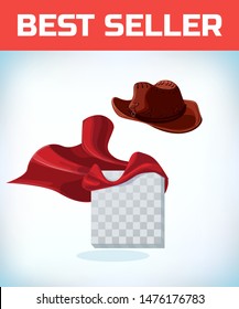 cowboy hat. Masquerade costume headdress. Carnival or Halloween mask. Cartoon Vector illustration. Red cape