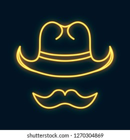 Cowboy hat and mustache neon sign. Wild west barber shop concept. Texas bar glowing emblem.