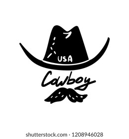 Cowboy hat and mustache, USA symbol, hand drawn retro design element for logo, badge vector Illustration on a white background