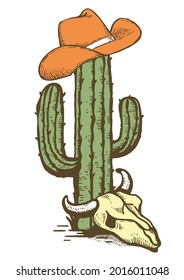 Cowboy hat on Cactus with cow skull. Vintage American Westerrn symbol hand drawn color illustration isolated on white for design.