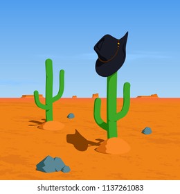 Cowboy hat on cactus in the desert flat vector illustration. Wild west concept.