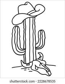 Cowboy hat on cactus. Vector hand drawn wild west  illustration with cowboy hat and cow skull on American desert isolated on white for print.