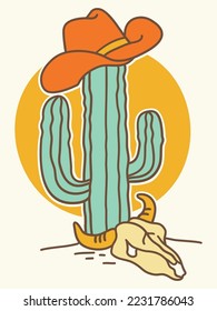 Cowboy hat on cactus. Vector hand drawn wild west colors illustration with cowboy hat and cow skull on American desert sunset for print.