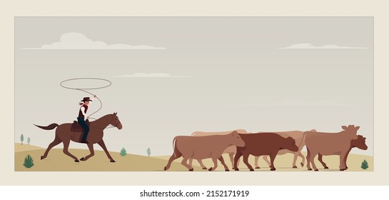 A cowboy in a hat and on horseback lassoing a herd into a stall. Against a background of hills and sky. Vector illustration in cartoon style.