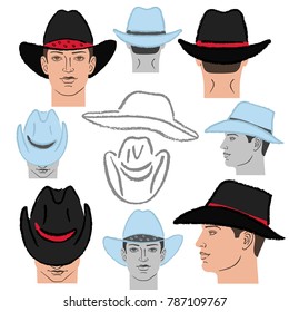 Cowboy hat outlined oil pastel template sketch (front, back, side views) and man head, vector illustration isolated on white background