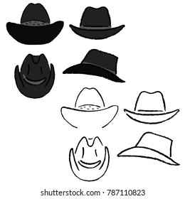 Cowboy hat outlined oil pastel template sketch (front, back, side views), vector illustration isolated on white background