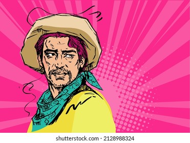 cowboy hat, pop art retro vector illustration. A man in the pose of a promoter