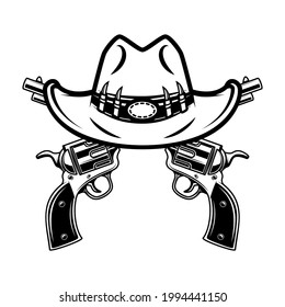 El sombrero de vaquero y los revólveres de vaquero. Elemento de diseño para afiche, tarjeta, pancarta, emblema, signo. Ilustración del vector